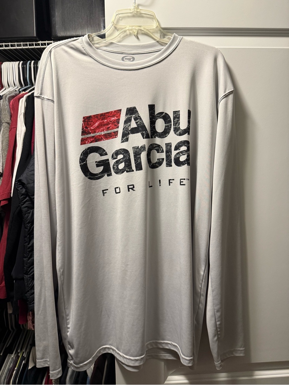 🎣 Abu Garcia Long Sleeve Logo Fishing Shirt - Light Gray with Red/Black Logo